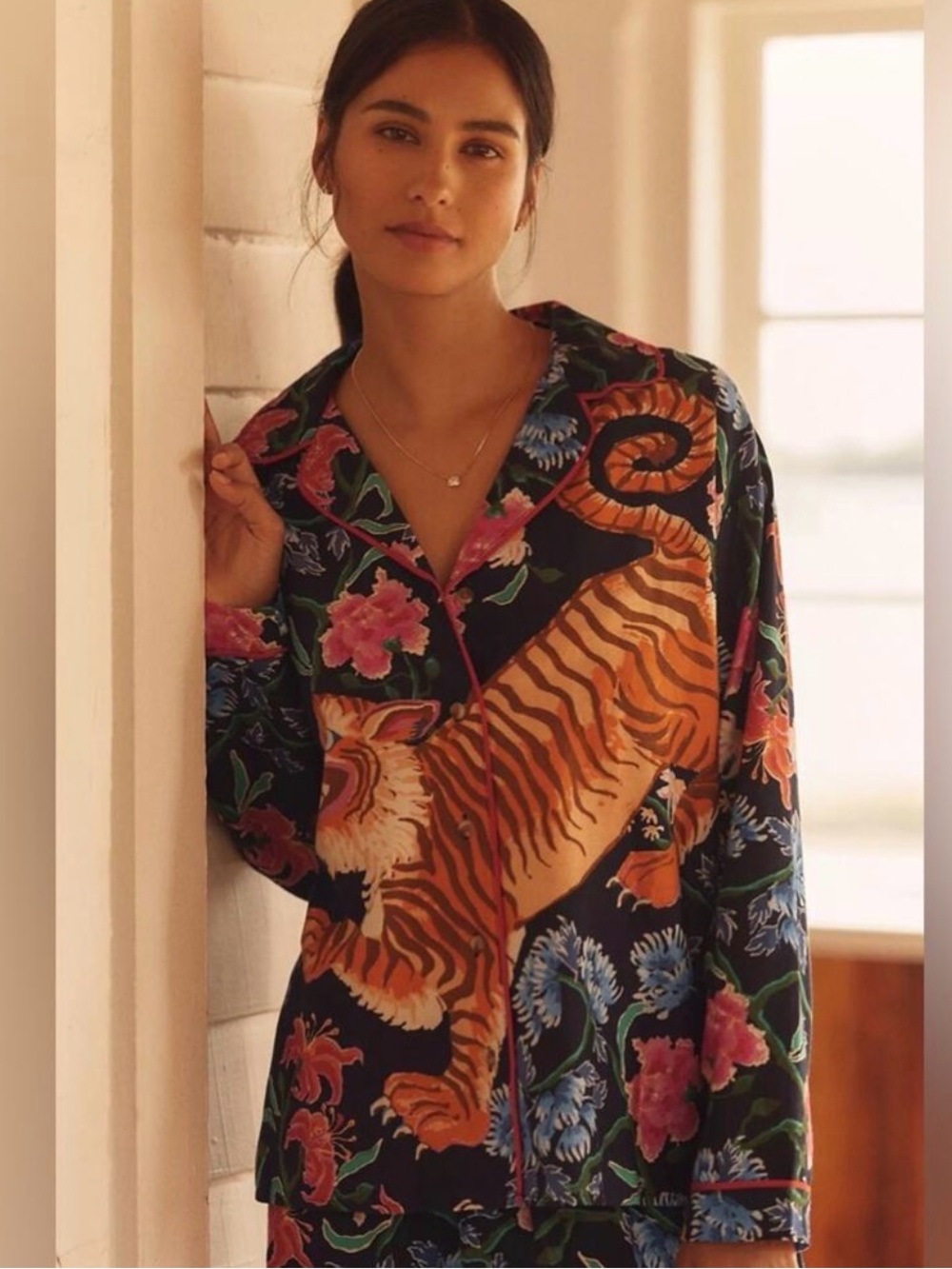 2 pc Set LyreBird Cloud Flannel Pajama Top and Pants Set Anthropologie Tiger - Picture 2 of 4